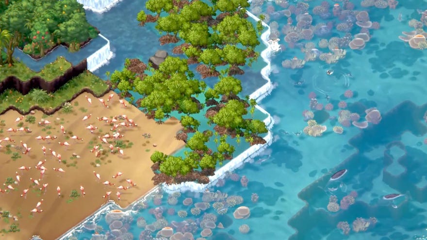 Terra Nil screenshot showing flamingos on a beach and fish in the ocean, with forest lining the shore.