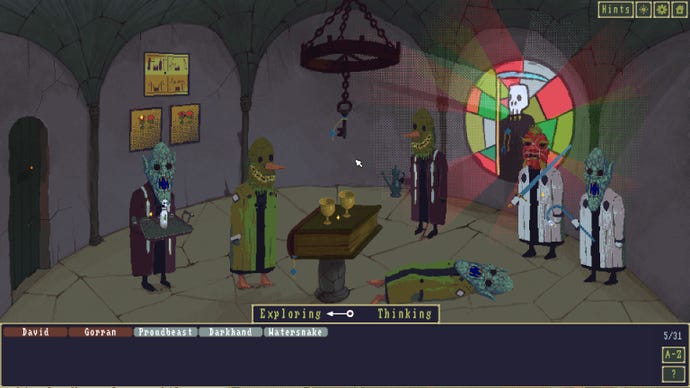 Masked cultists stand around a chamber with a dead body on the floor  in The Case Of The Golden Idol