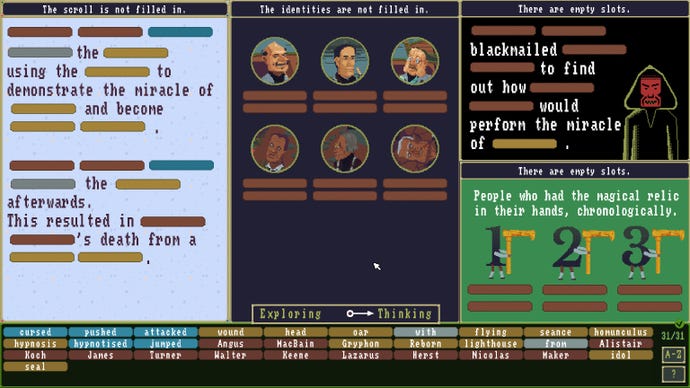 Der Bildschirm ist in vier Segmente mit Text, Charakterporträts und zwei zusätzlichen textbasierten Rätseln unterteilt, die vom Spieler im Fall des Goldenen Idols ausgefüllt werden sollen