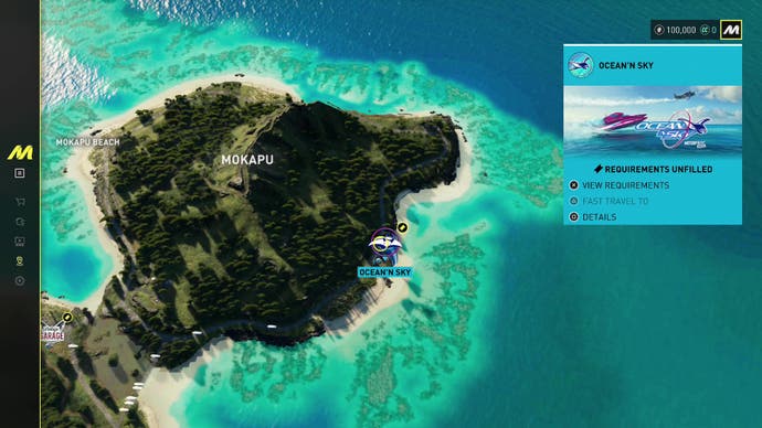 Capture d'écran du Crew Motorfest, montrant une vue de haut en bas de la carte, atterrissant sur l'affleurement de Mokapu.