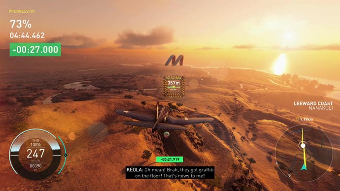 Capture d'écran du Crew Motorfest, montrant un avion volant à travers des cerceaux au coucher du soleil, dans l'un des défis du jeu.