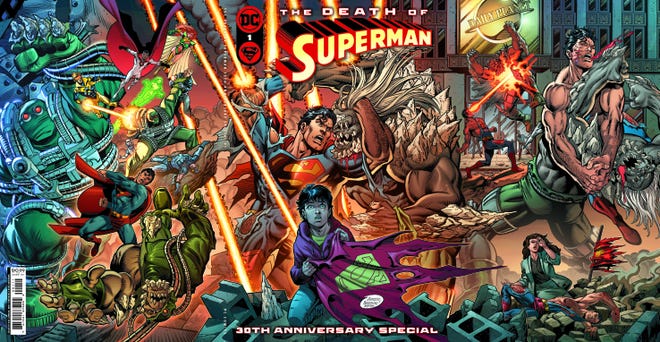 The Death of Superman cover featuring full wraparound art