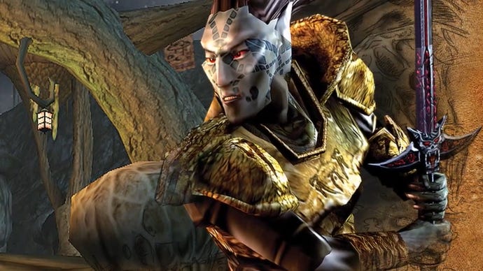 Schlüsselgrafiken aus The Elder Scrolls III: Morrowind GOTY Edition, die einen Dunmer zeigen, der eine Rüstung trägt und ein Schwert schwingt