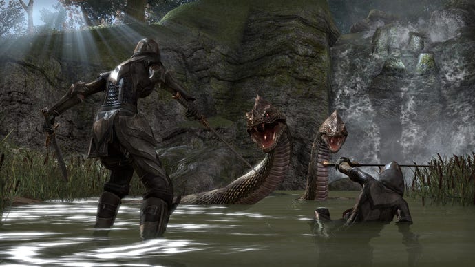Two warriors battle a giant snake in The Elder Scrolls Online.
