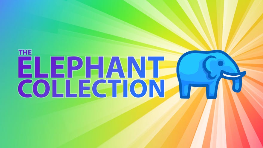 Blue Elephant shines with rainbow colours while standing next to the logo for The Elephant Collection