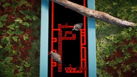 A red, pixelated Little Man jumps over platforms on a screen, while pigeons chill on the device outside of the world in The Forest Cathedral