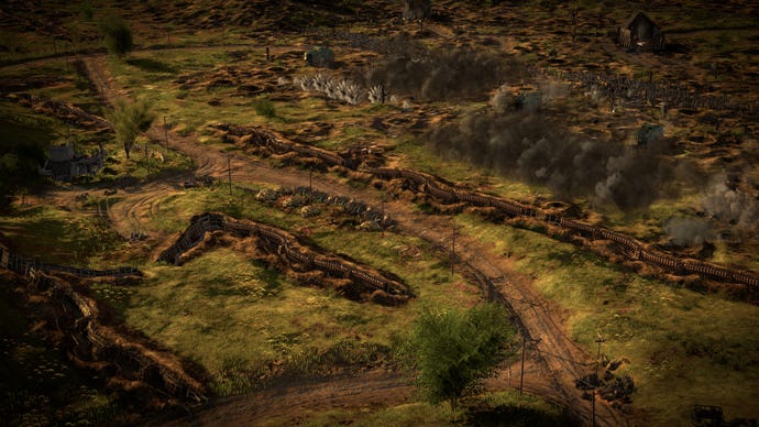 WW1 soldiers defend a trench network in The Great War: Western Front.