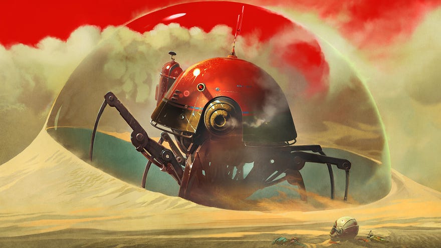 A spider-like robot stares straight at the camera from inside a clear orb of sand in key art for The Invincible
