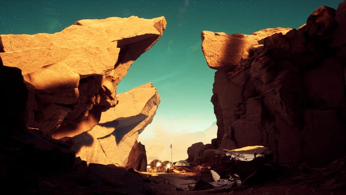 Small tents can be seen in a base camp between large sharp rocks in The Invincible.