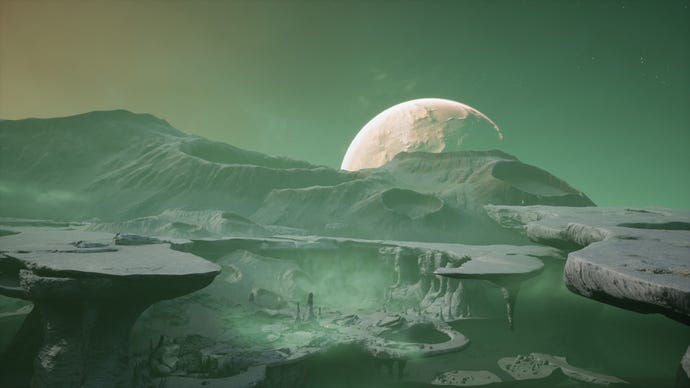 A moon peaks over the top of a mountain scene on an alien planet in The Invincible.