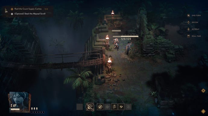 Three characters creep around some bushes at night in The Lamplighters League