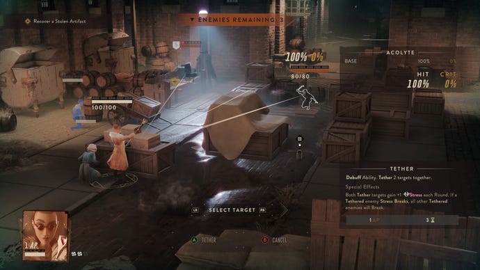 A character uses their tether ability on an enemy inside a warehouse in The Lamplighters League