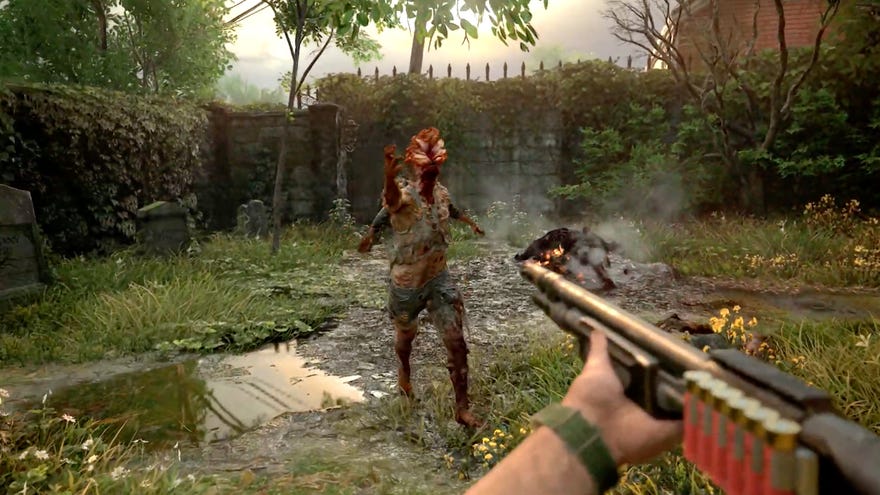 First-person screenshot from The Last Of Us Part 1 showing a shotgun pointing at an incoming clicker zombie