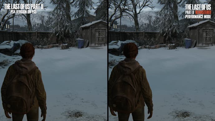 The Last of Us Part 2 PS5 enhanced vs Remastered modes showing Ellie I guess