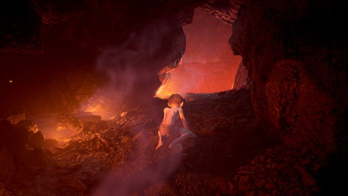 Gollum sits in the lava filled caves of Mordor in The Lord Of The Rings: Gollum
