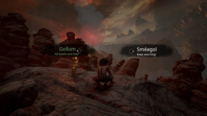 Auf dem Bildschirm erscheinen die Optionen Gollum und Smeagol, sodass der Spieler entscheiden kann, auf welcher Seite er in „Der Herr der Ringe: Gollum“ stehen möchte