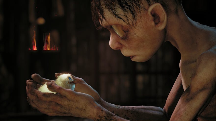 Gollum holds a chick in his hands in The Lord Of The Rings: Gollum