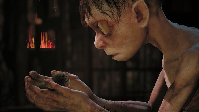 Gollum tentatively picks up a newly hatched baby bird in The Lord of the Rings: Gollum.