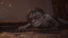 A scowling Gollum lays on the floor of his prison cell in The Lord of the Rings: Gollum.