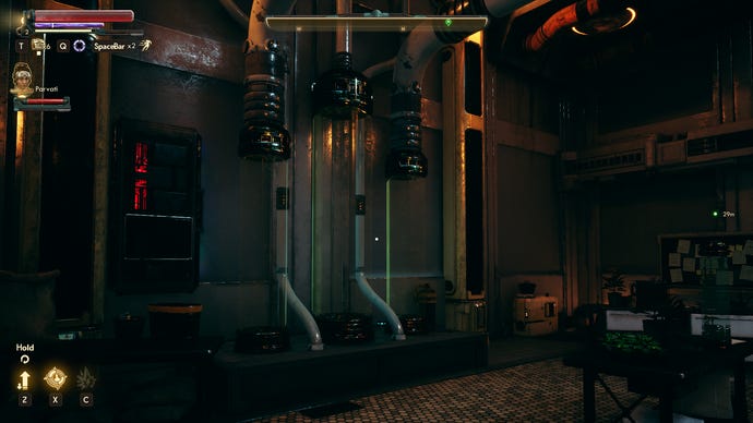 A labratory in The Outer Worlds: Spacer’s Choice Edition, showing tubes that would be filled with a glowing liquid, were it not for a glitch.