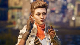 A character in The Outer Worlds doing finger guns at the camera