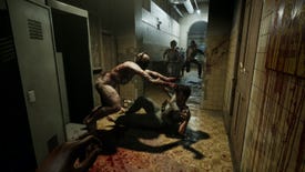 An enemy jumps out of a locker and attacks a man on the floor in The Outlast Trials
