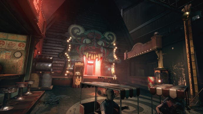 An illuminated door and various mannequins in carts can be seen in what looks like an amusement park in The Outlast Trials