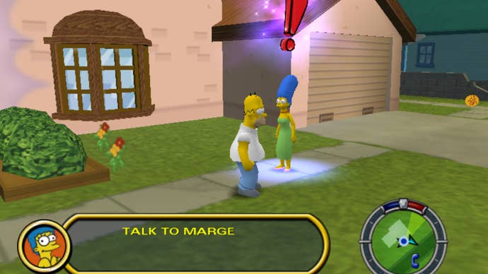 Marge and Homer stand outside of their home in The Simpsons Hit and Run