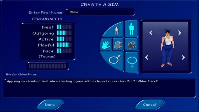 The Create-A-Sim screen from The Sims 1 with an in-progress Sim. The creator is a blue void with options allowing you to set the Sim's personality, the basics of their physical appearance, their name, and a short bio.