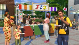 A group of Sims enjoy some food outside a food stall in The Sims 4