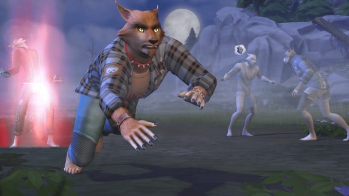 The Sims 4 Werewolves game pack artwork shows one sim transforming, another running, and others fighting in werewolf form.