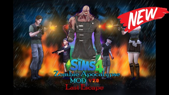 Sim versions of Jill Valentine, Nemesis, and a generic STARS team member from Resident Evil stand against a flaming background with two children (one zombified, one wielding a gun).