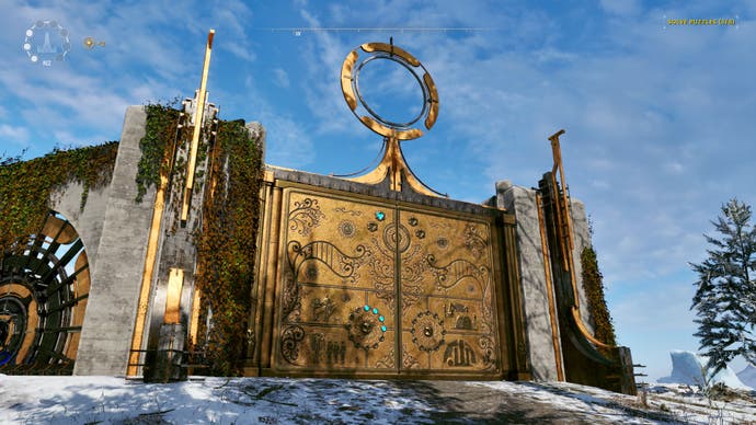 Giant golden gates with intricate carvings, some of which are glowing blue