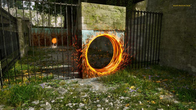A glowing tripod opens a fizzing portal in a wall