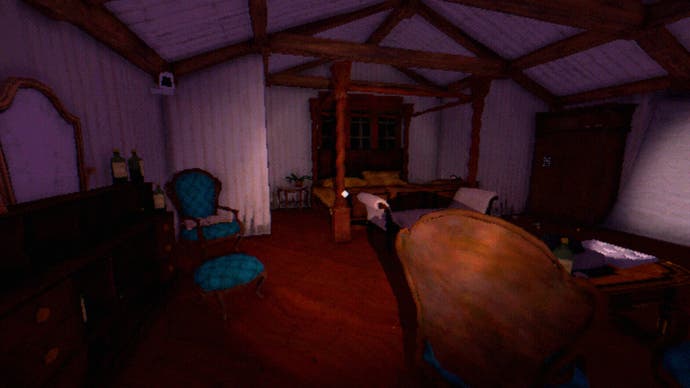 Captura de pantalla de la revisión de Tartarus Key, que muestra un dormitorio principal que contiene uno de los muchos rompecabezas del juego