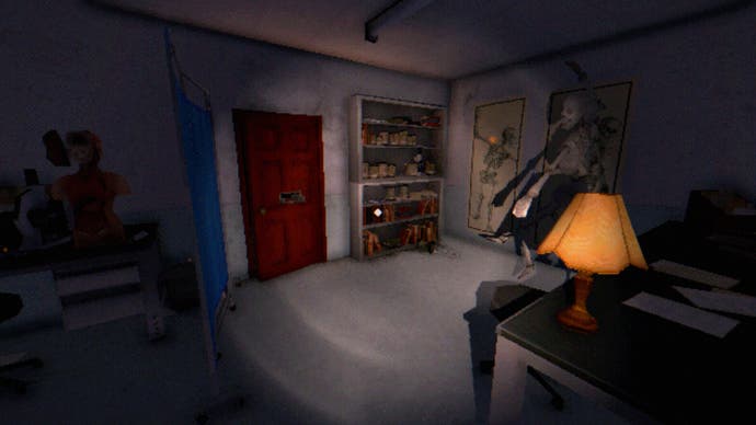 Captura de pantalla de la revisión de Tartarus Key, que muestra una escena en una sala médica con un modelo de esqueleto médico, algunos gráficos, libros y frascos