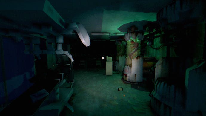 Captura de pantalla de la revisión de Tartarus Key, que muestra un laboratorio viejo, oscuro y abandonado, con dos tanques que contienen una figura humana en su interior