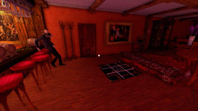 Captura de pantalla de la revisión de Tartarus Key, con un hombre de negro con un collar de púas mirando al jugador, mientras descansa casualmente en un lujoso bar