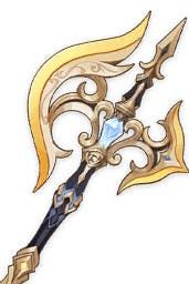 close up of the top of the verdict five star claymore weapon, which has a golden blade and a clear jewell placed near the tip