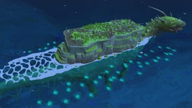A screenshot from The Wandering Village's oceans update, showing the giant rock-turtle swimming into the sea, surrounded by glowing jellyfishes.