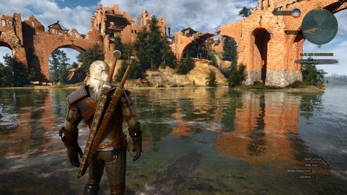 A lakeside garrison in The Witcher 3: Wild Hunt, running on RT Ultra mode after the next-gen update.