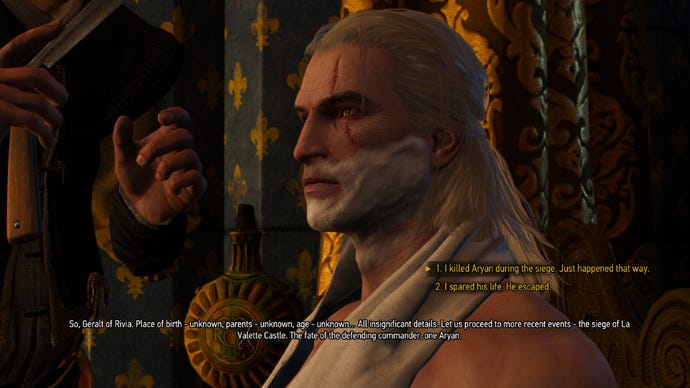 The Witcher 3 screenshot showing the first dialogue choice in the simulate witcher 2 conversation.