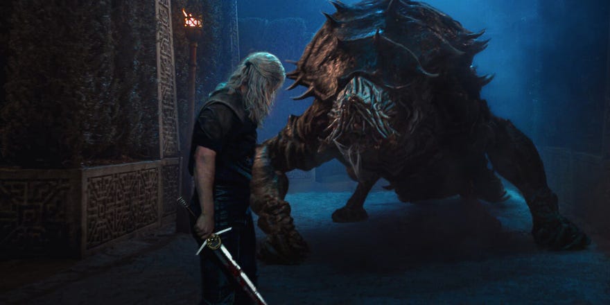 Geralt fighting a monster in season 3 of The Witcher