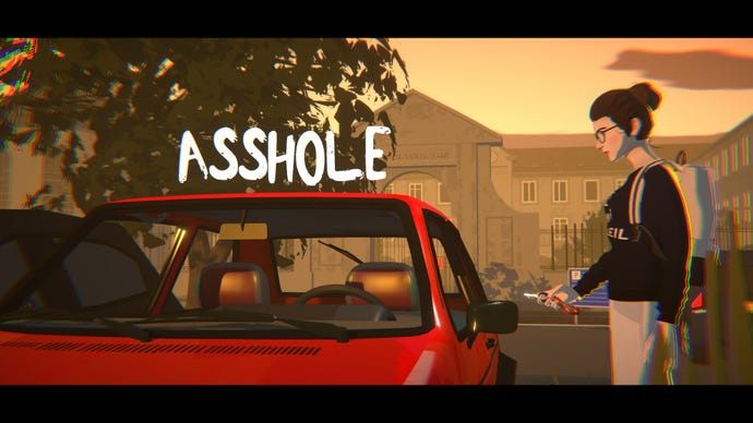 Una mujer se sube a su auto rojo en The Wreck, con la palabra ASSHOLE flotando sobre el techo del auto.