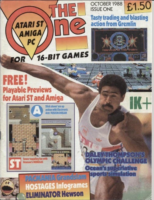 Issue one of The One magazine. Daley Thompson prepares for a shotput throw, surrounded by screenshots and adverts for games covered in this issue.