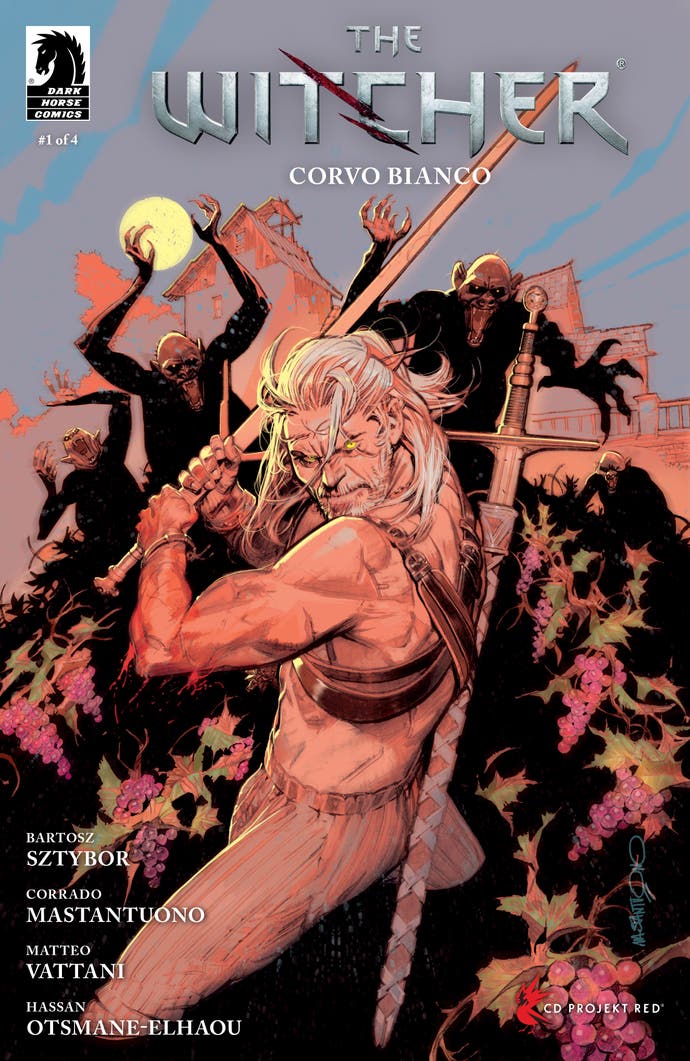 Geralt sin camiseta lucha contra enemigos en la portada del cómic Corvo Bianco de The Witcher