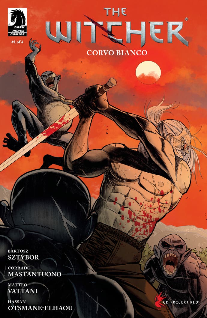 Un Geralt en topless lucha contra los enemigos en la portada del cómic The Witcher Corvo Bianco