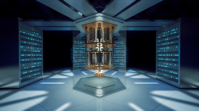 Some kind of digital library, maybe, of a sci-fi kind. It's a mysterious room lit in blue.