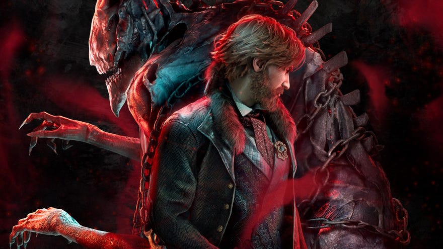 A man looks side on, with a demon cowering behind him, in key artwork for The Thaumaturge