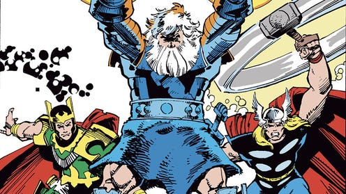 Cropped cover of Sutur Saga, featuring Loki, Odin, and Thor in fighting stances